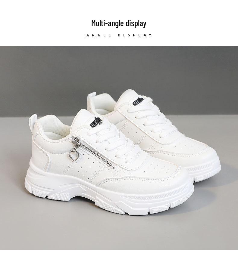 2025 Versatile White Sneakers: Breathable, High Thick Sole, Solid Color, Wear-Resistant Student Board Shoes for Spring, Summer, and Autumn.