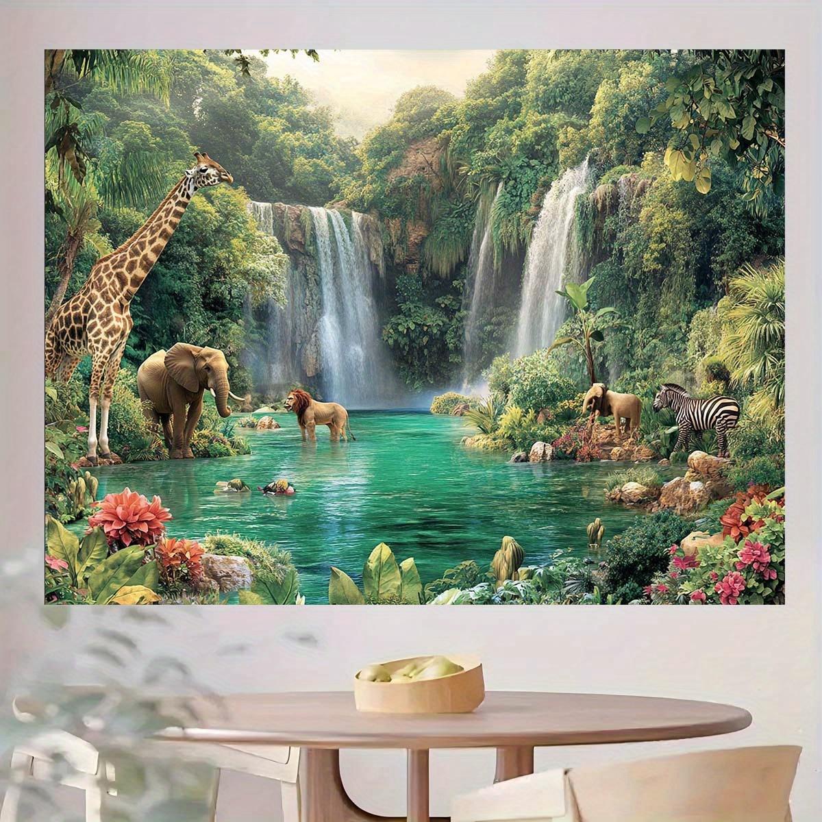 2D planar banner, 1 piece of waterfall jungle exploration background fabric - with patterns of giraffes, elephants and lions 47.2x31.5inch/120*80cm