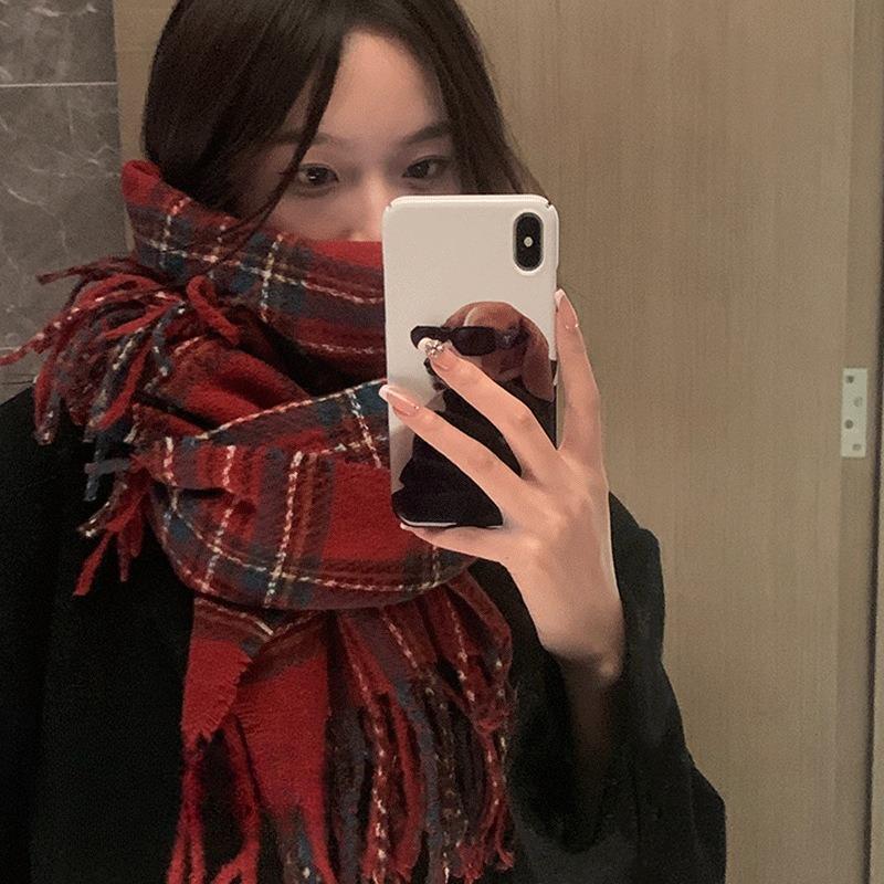 New Soft Imitation Cashmere Tassel Plaid Scarf Winter Female Couple Shawl Red Cold Proof Versatile Thickened Scarf