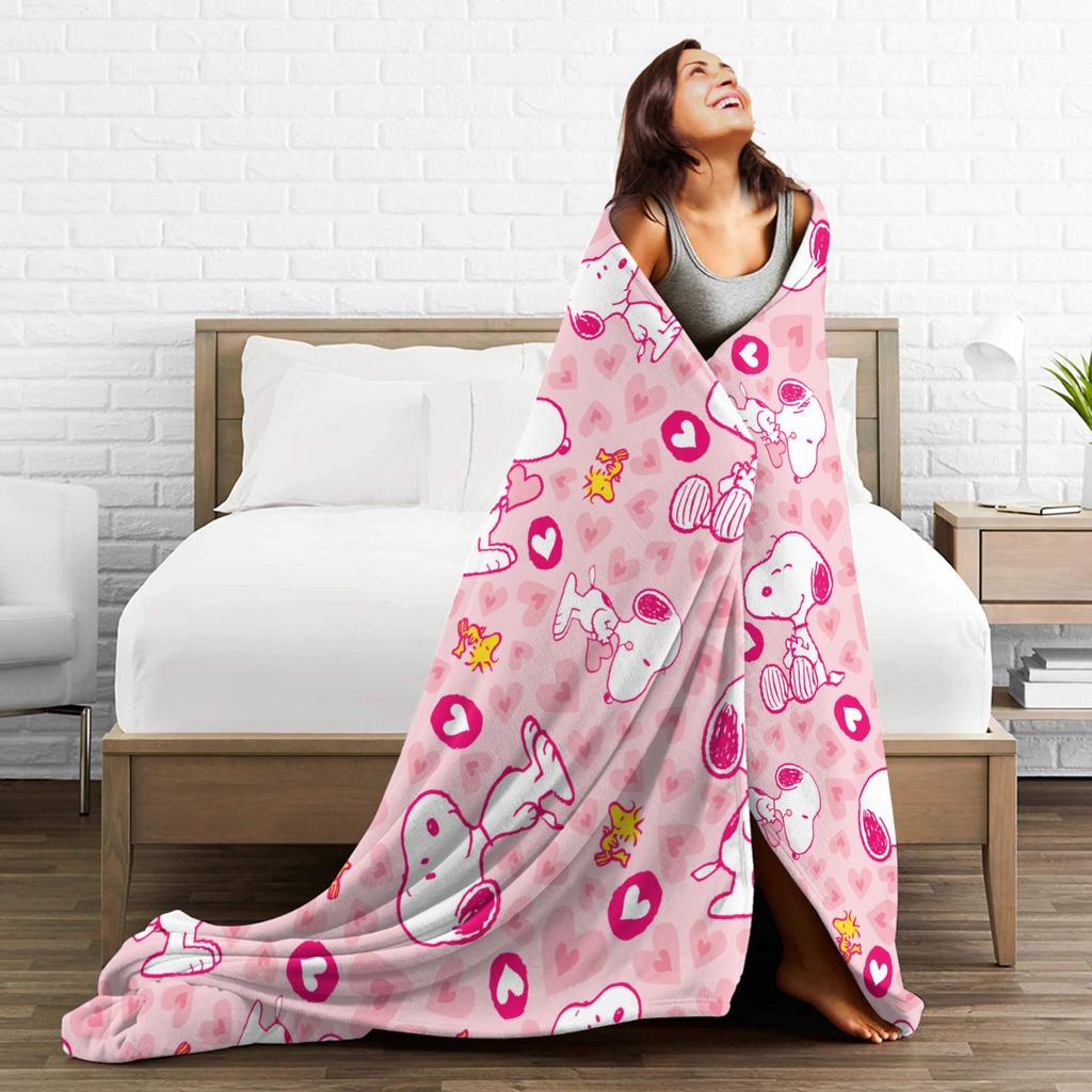 Snoopys & Woodstock Pink Hearts Pattern Blanket Flannel Funny Warm Throw Blankets for Coverlet Decoration,