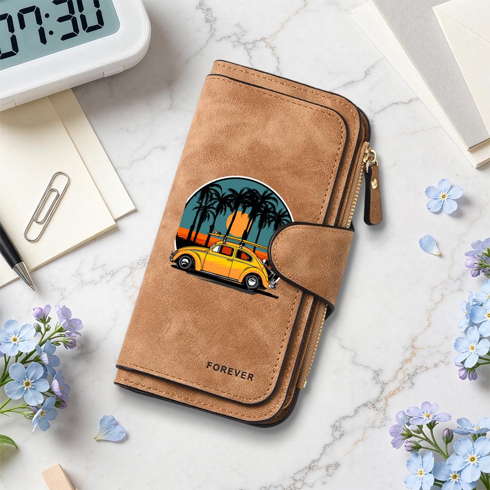 Vintage Palm Beach Car Printed Long Fashion Wallet for Daily Use