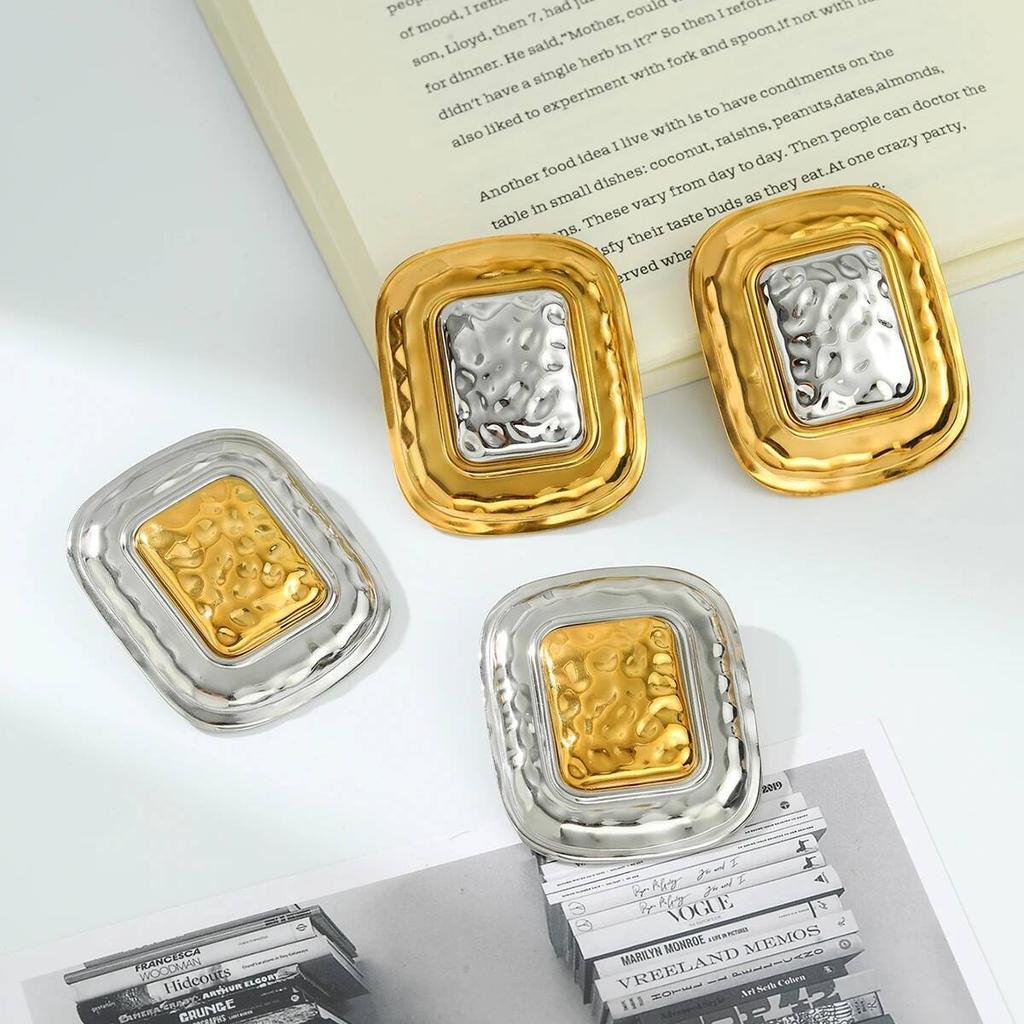 Salircon Exaggerated Vintage Stainless Steel Square Big Stud Earrings Women Creative Geometric 18K Gold Plated Earrings Jewelry