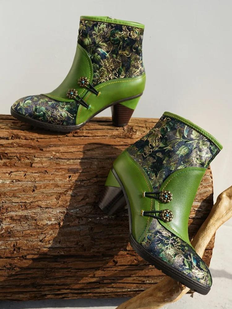 Johnature Retro Genuine Leather Patchwork Jacquard Fabric High-heeled Women's Short Boots