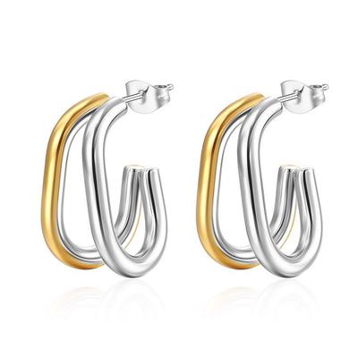 Die gleichen Ohrstecker, ovale Ohrringe mit zwei Drähten, High-End-Temperament, vielseitige Ohrringe, zweifarbiges Edelstahlmaterial in Gold