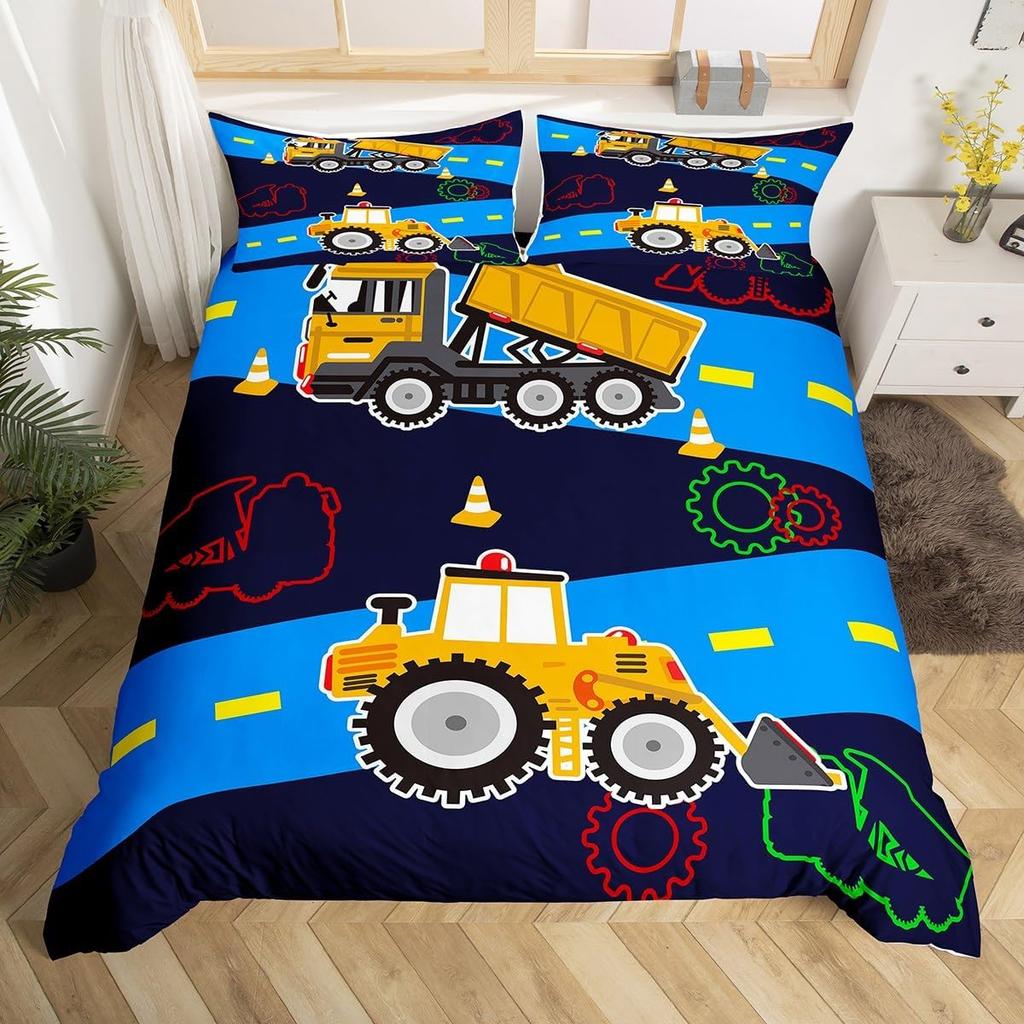 Truck Excavator Soft Duvet Cover Set Quen Sized Dimensions for Children Kids Nursery Carton Tractor Enginering Vehicle Construction Theme Beding Set