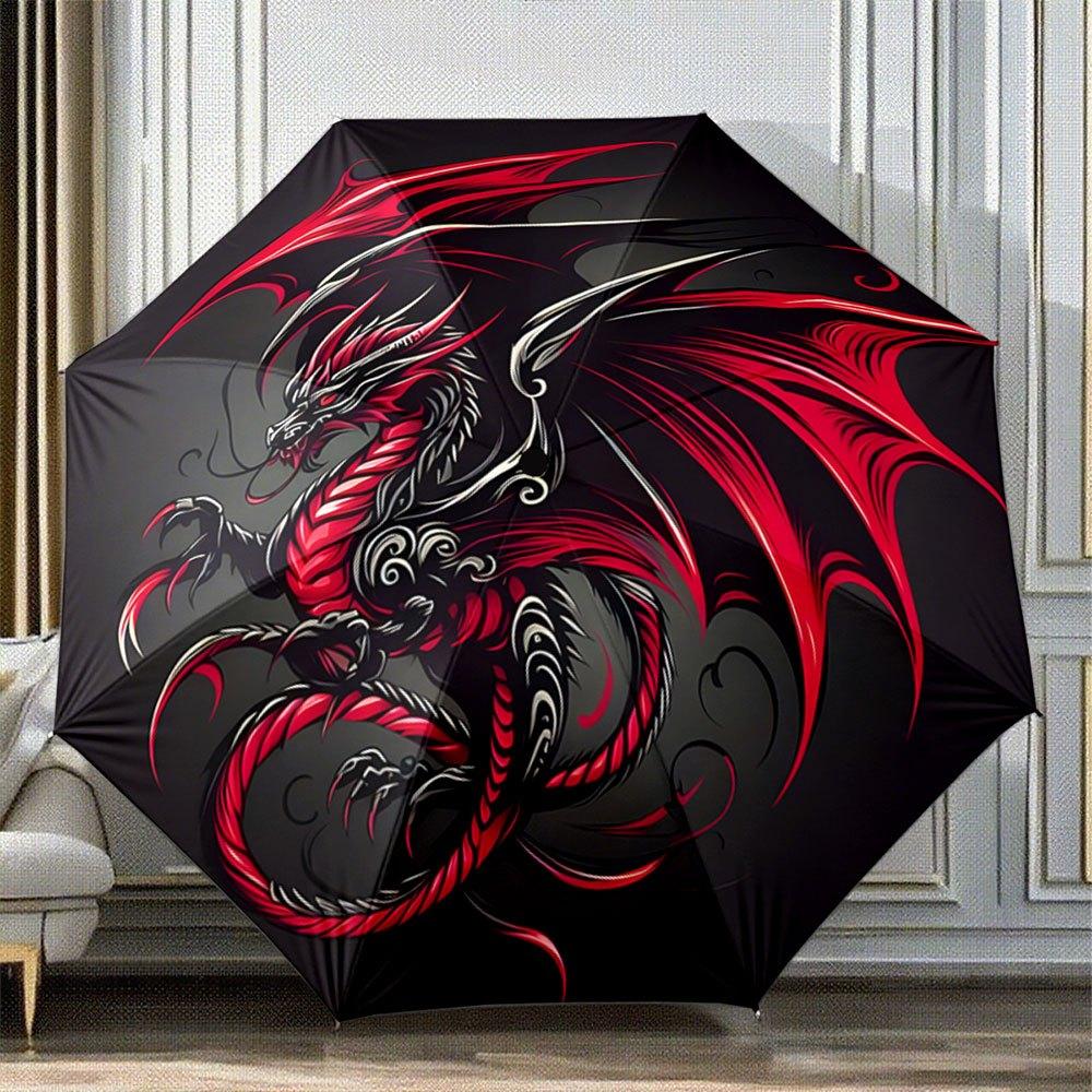 

Automatic Folding Umbrella with Red & Black Dragon Design - 8-Rib Asian-Inspired Windproof Compact Portable Collapsible Umbrel Iron&8K