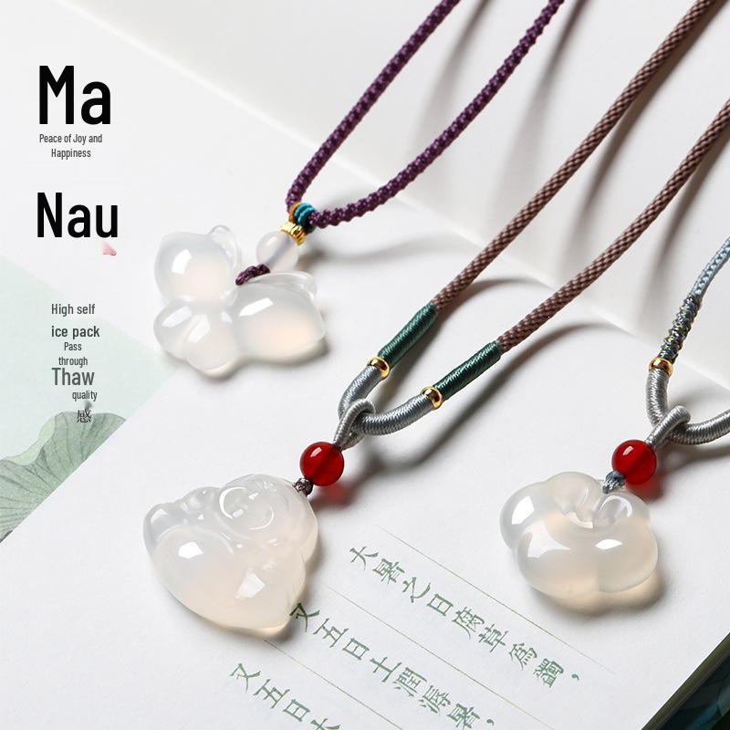 Elegant Natural White Agate Pendant Necklace with Wire Wrap, Fine Cord, Hanfu Inspired, New Chinese Style