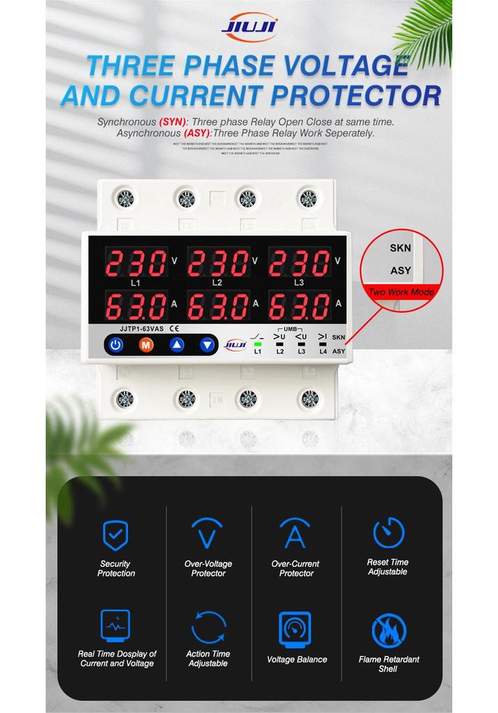 230V 63A/100A Over/Under Voltage Protector & Current Limiter, Three-Phase Four-Wire - JJTP1-63VAS