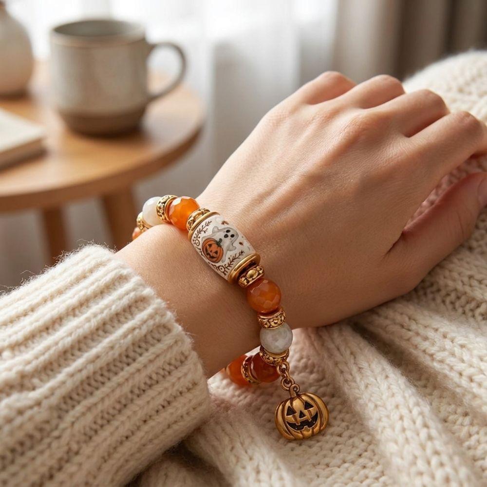 Vintage Witch Black Cat Charm Bracelet Beaded Pumpkin Ghost Bead Jewelry  For Women Men