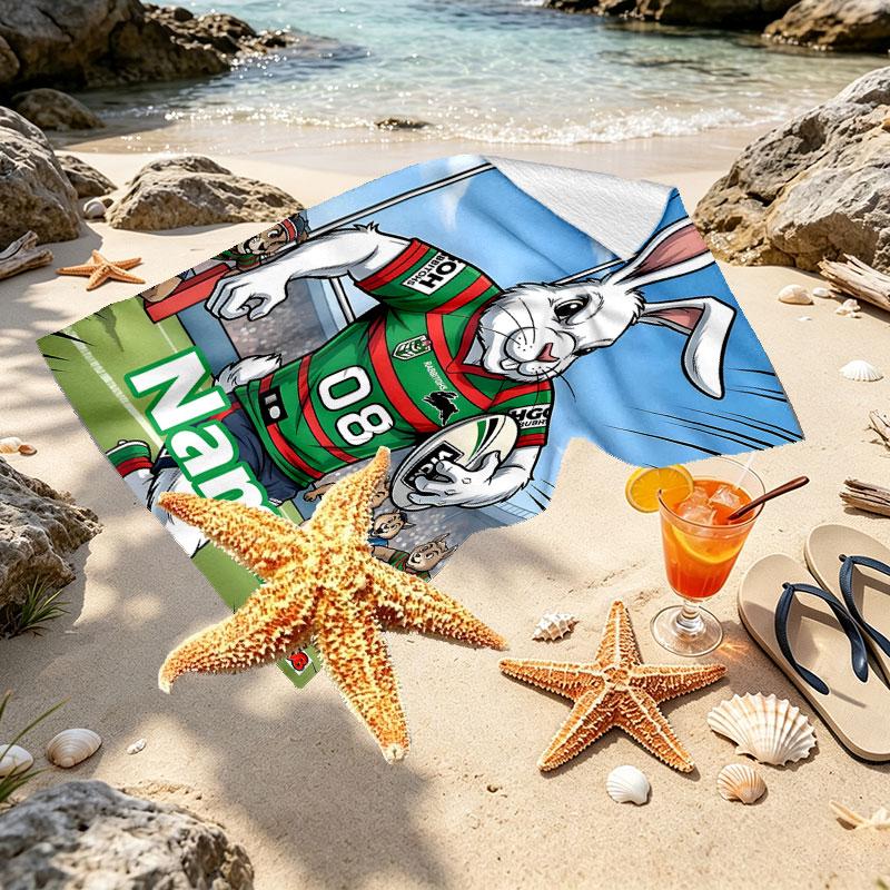 Custom Name Personalized South Sydney Rabbitohs Print Beach Towel, for Trip Camping Beach Party Home Decor, Birthday Gift for Family & Friends