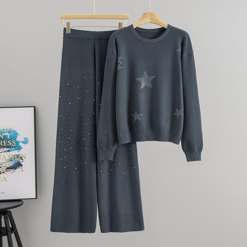 Fashion Autumn New Temperament Hot Diamond Loose Sweater Wide-leg Pants Knitted Two-piece Set for Women