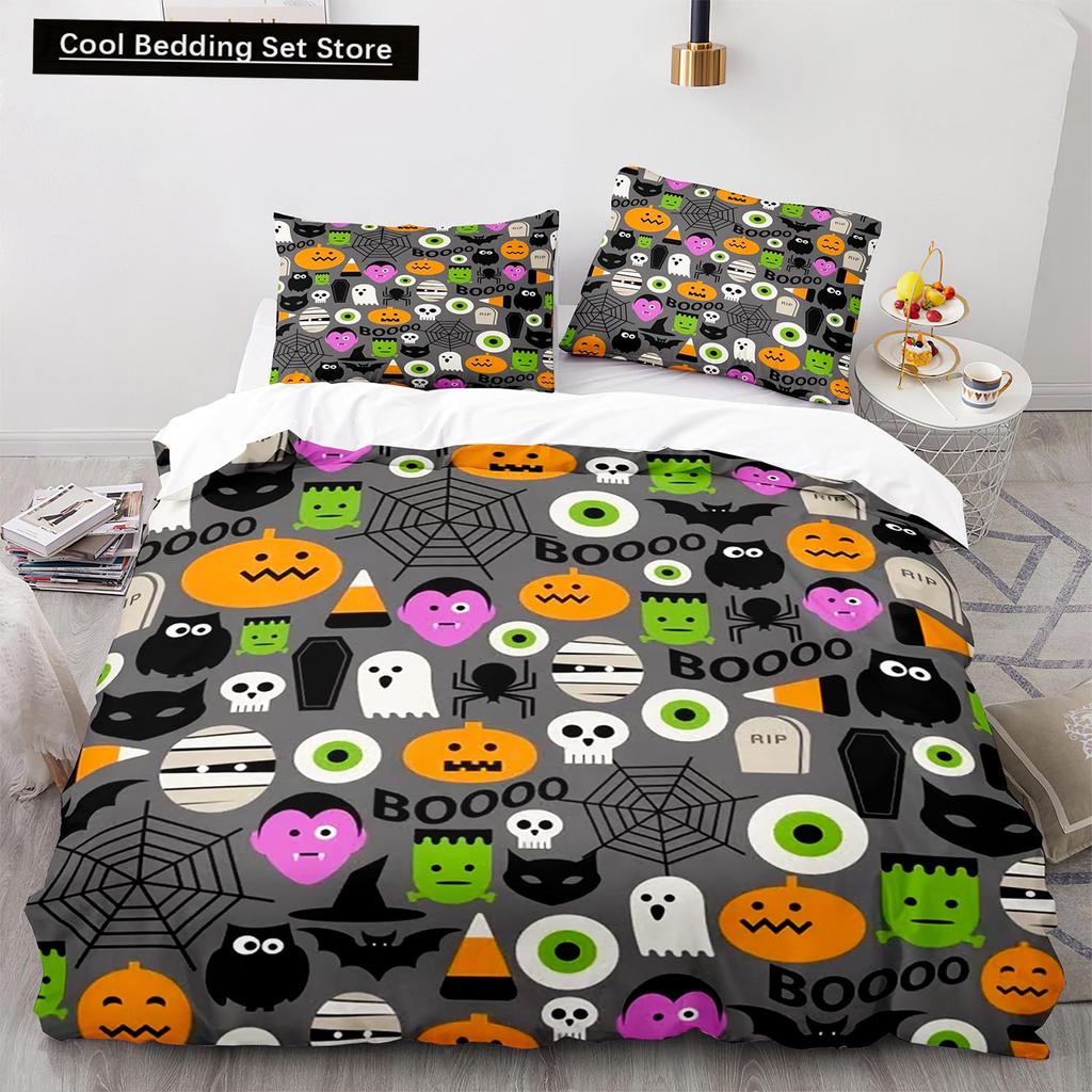 Halloween Boo King Queen Duvet Cover Cartoon Eyes Bedding Set for Kids Teens Adults Little Monster Ghost Polyester Quilt Cover