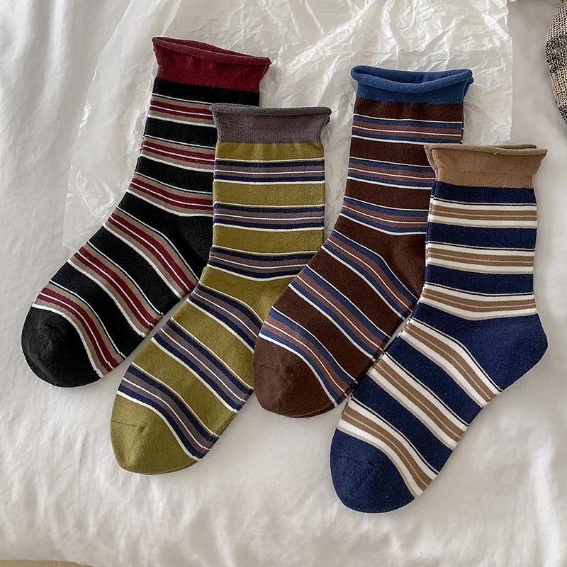 Socks Retro Hong Kong Style Striped Pure Cotton Medium Tube Socks Tide Season Boneless Crimping Color Matching Pile Socks Women