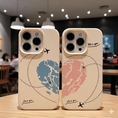 Couple Map Airplane Love Heart Phone Case for iPhone 17Air 16 15 14 13 12 11 Pro Max Long Distance Relationship Shockproof Cover