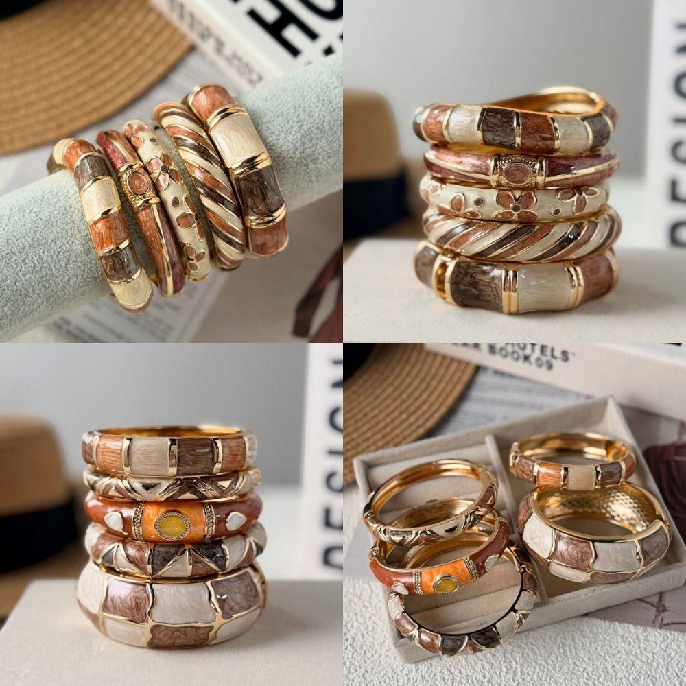 Geometric Striped Vintage Coffee Brown Enamel Wide Cuff Bracelet Open Bracelet Daily Party