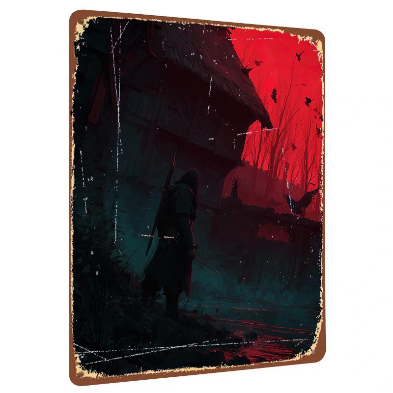 

Red Sunset Warrior Silhouette Metal Wall Art Medieval Fantasy Decorative Painting for Home Office 20x30cm（7.8x11.8inch）