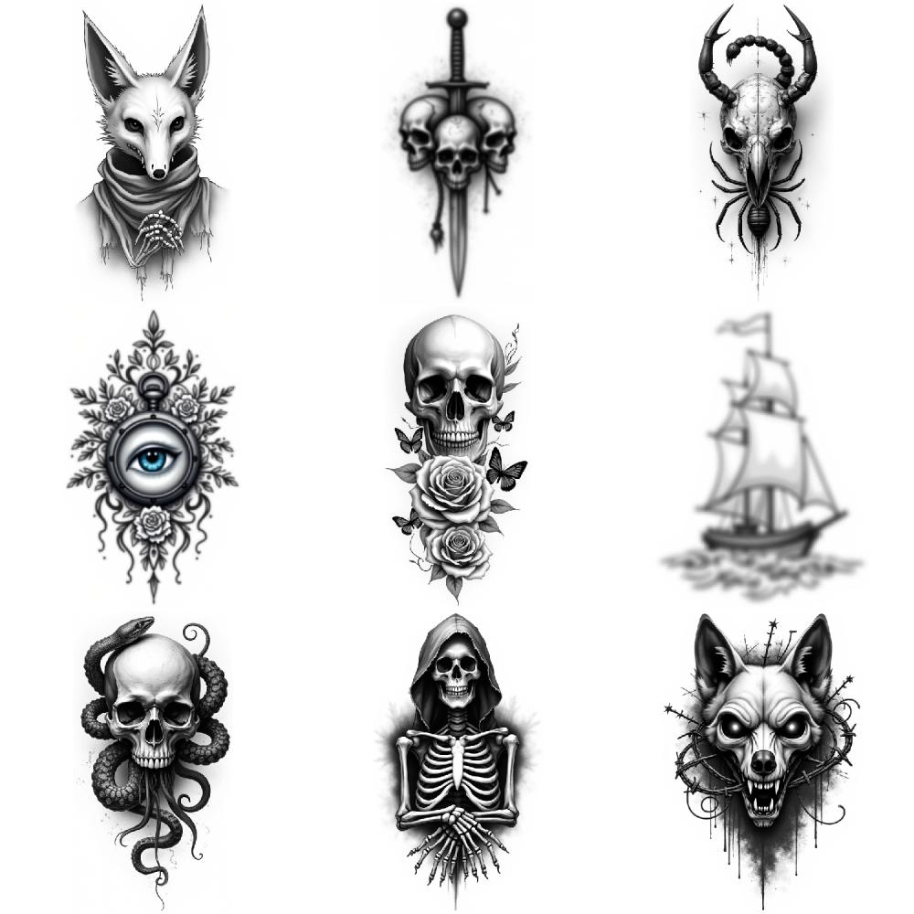 3pcs Temporary Tattoo Black And Grey Realism Eye Ornament Grim Reaper Dagger With Skulls For Thighs Women Arms