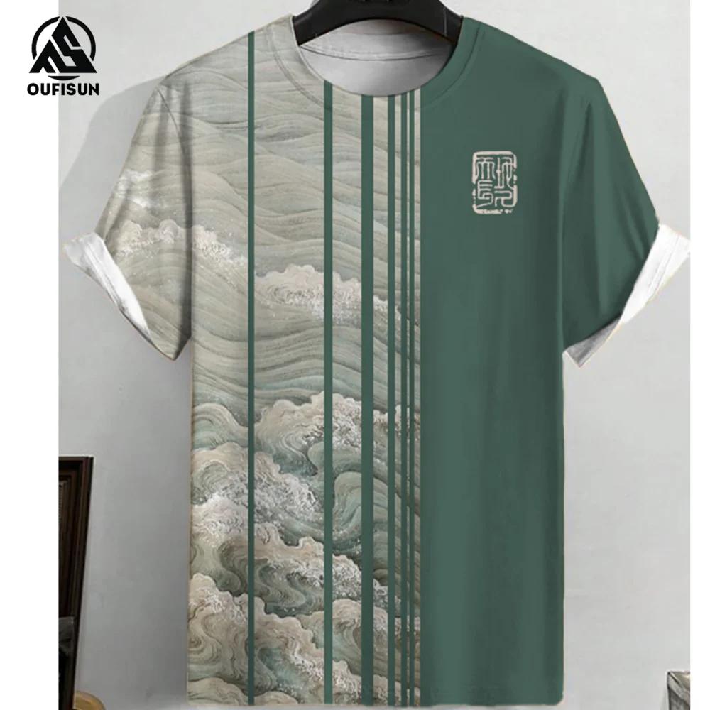 Vintage Men's T-shirt Summer Casual Clothing For Men Stripes Print Short Sleeve Tops Fashion Round Neck Sweatshirt Daily Tees