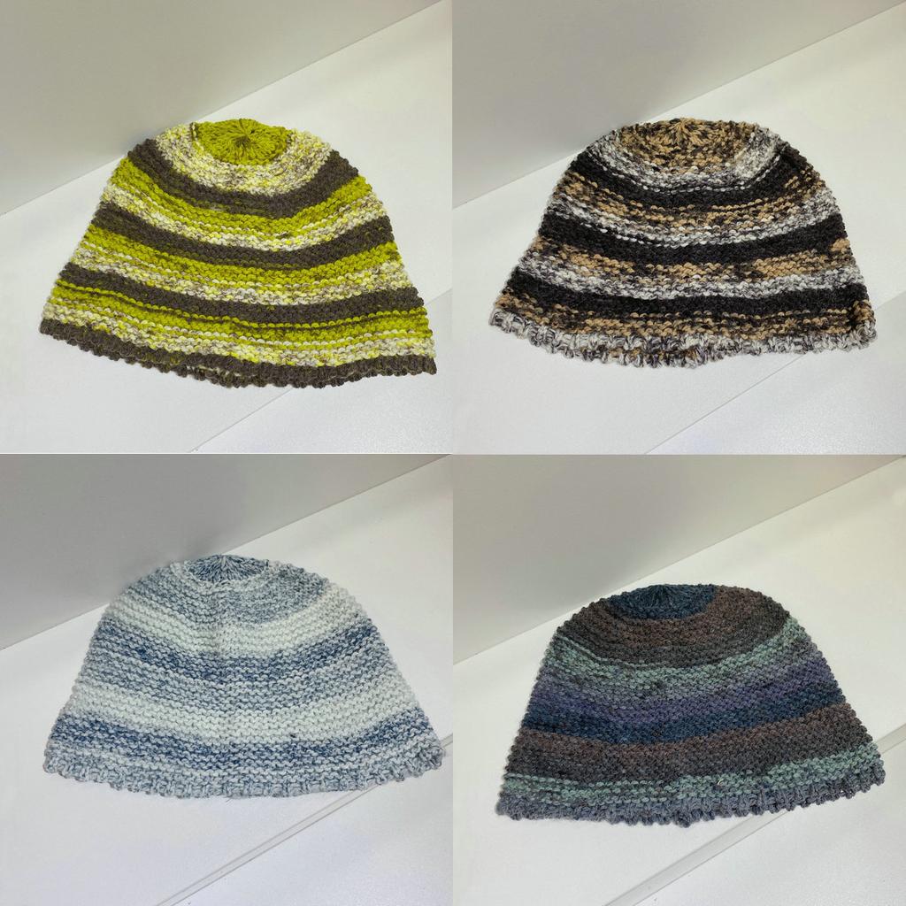 Retro knitted contrasting striped bucket hat women's autumn and winter versatile face small bucket hat casual fashion wool basin hat