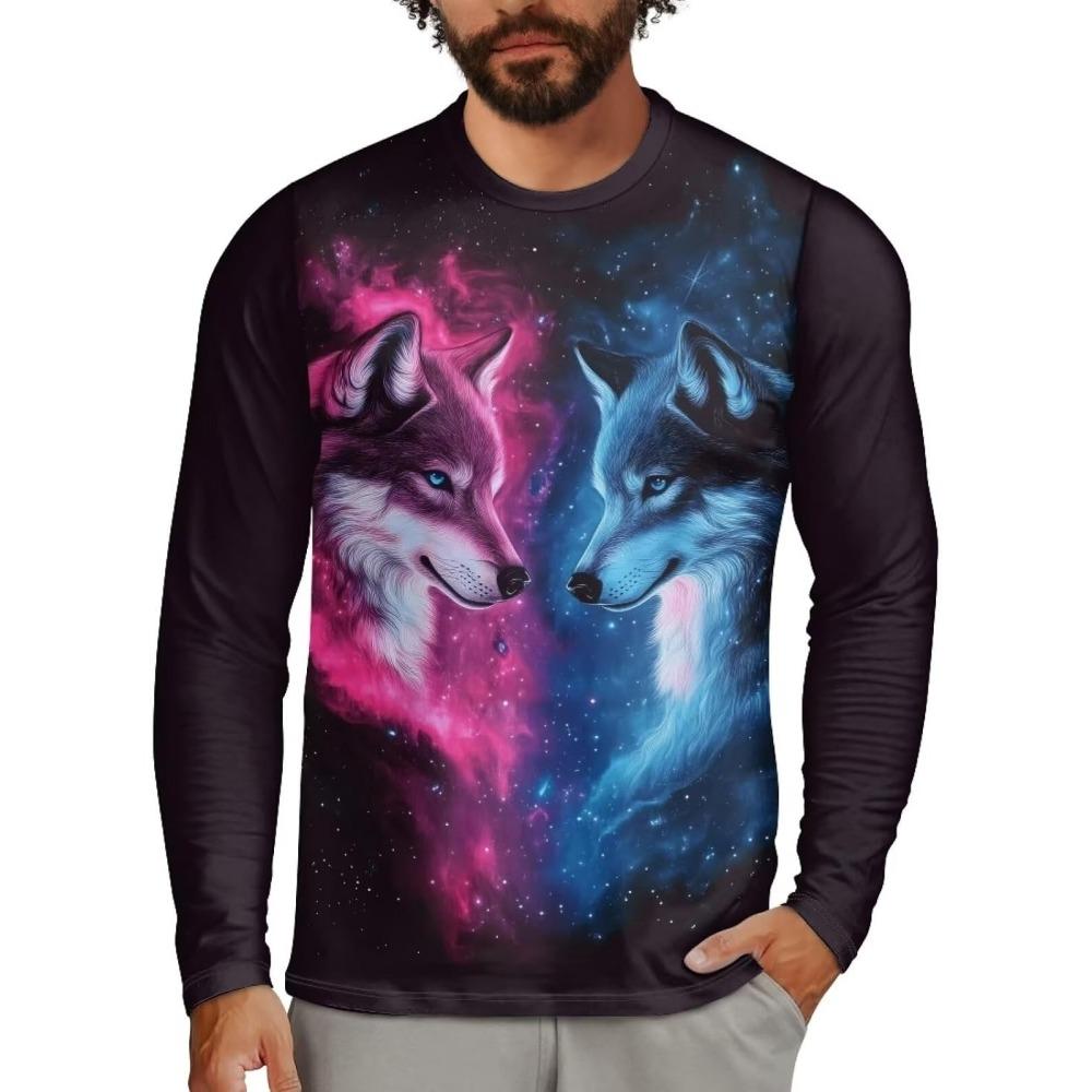 Camisetas Masculinas Estampadas com Gráfico de Animal Lobo em  3D, Casual Urbano de Rua para Exterior, Camisetas de Manga Comprida Confortáveis de Outono com Gola Redonda