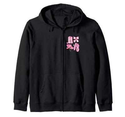 Balletcore Pink Ballerina Slippers Flower and Bow Art Hoodie Zip-Up