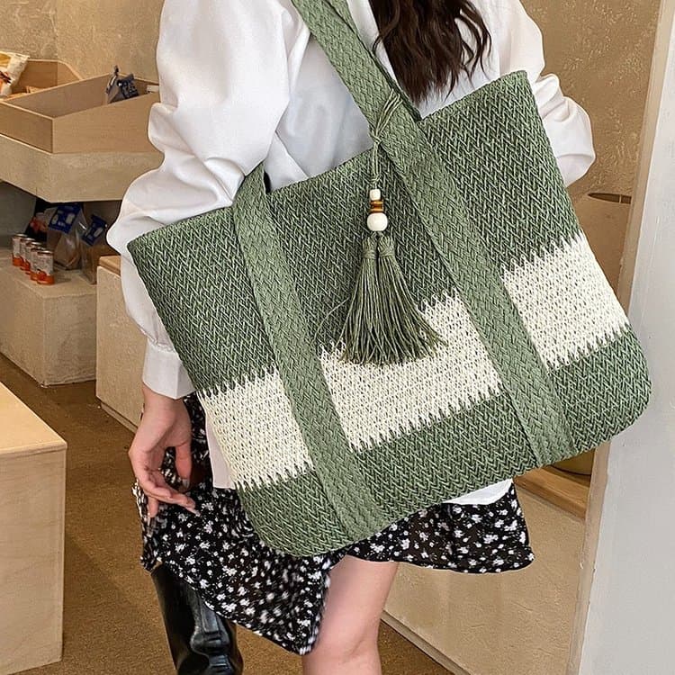 Contrasting Tassel Straw Woven Tote Bag Women's Shoulder Bag