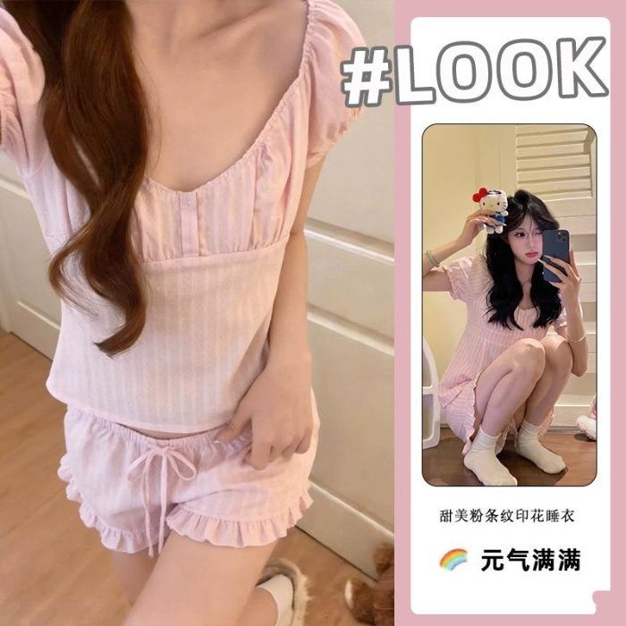 Ballet pajamas women s cloud cotton summer short-sleeved shorts pink and white striped bubble sleeves loungewear set M