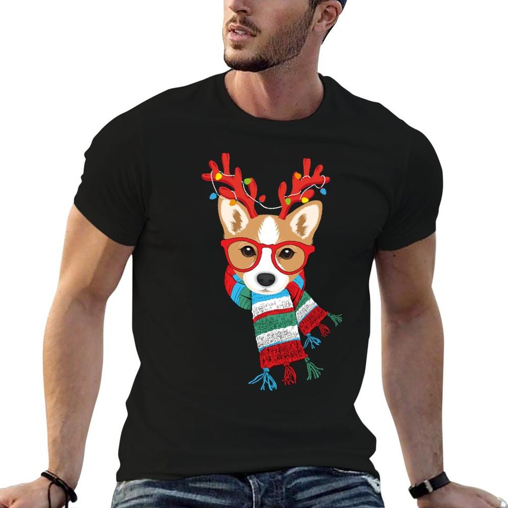 Corgi Xmas Holidays Reindeer Christmas Lights T-Shirt Letter Print T-Shirt