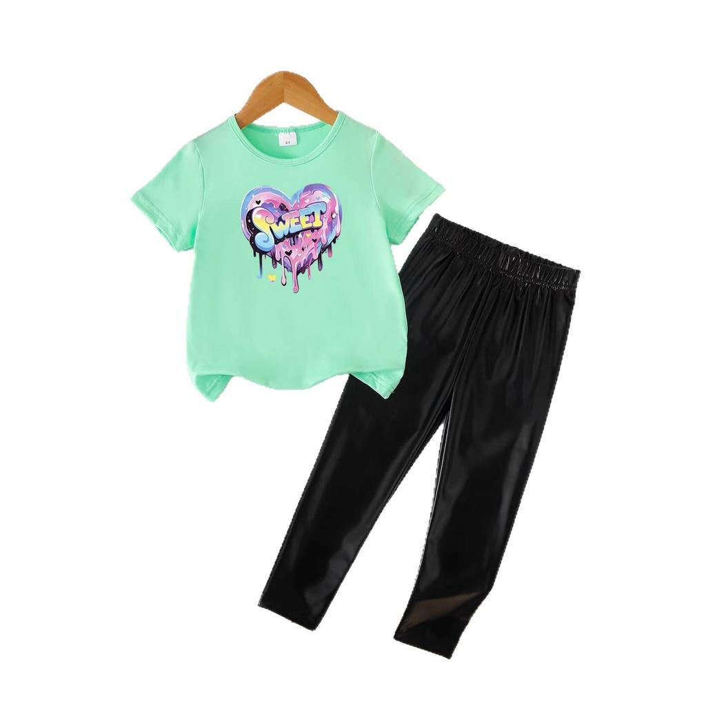 Summer Girls' Two-Piece Set: Fashionable Printed Short Sleeve Top & Long Pants