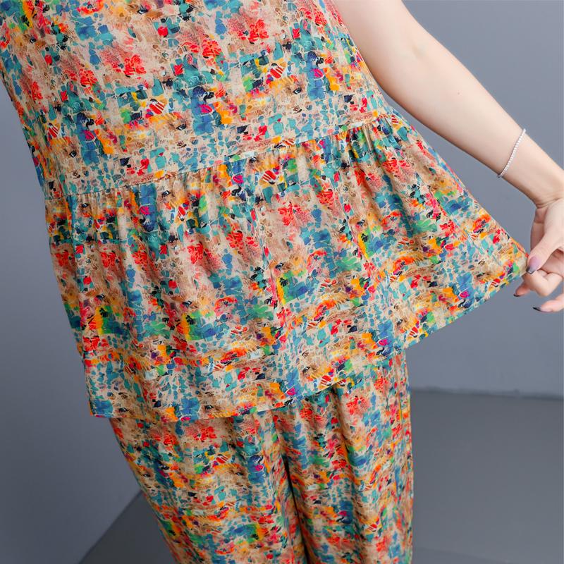 Plus Size Elegant 2 Piece Sets Women Summer Clothes Vintage Loose Print Pants Sets