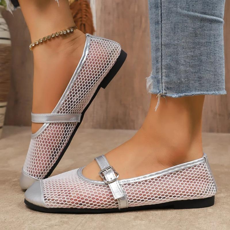 Women's Mesh Breathable White Ballet Flat Shoes Summer New Flat Hollow Mesh Sandals Fishnet Flats Mary Jane Shoes Plus Size 43
