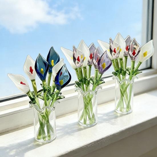 Ručně vyráběná skleněná kala s stonkem, ručně foukaná mini skleněná květinová figurka dekorace, barevná květinová ozdoba do domácího obývacího pokoje, kanceláře