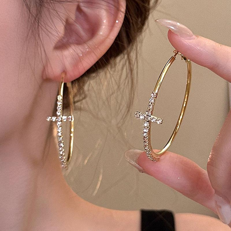 Modische Schlichte Creolen für Damen Kreuz Glänzend Kristall Gold Silber Metall Y2K Punk Schmuck Tägliches Party-Zubehör Runde Ohrringe