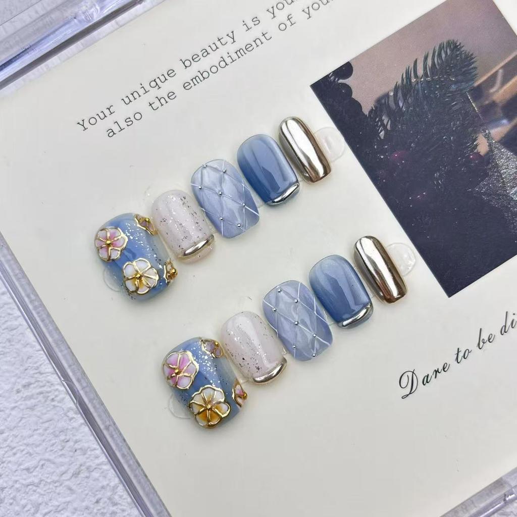 10Pcs Handmade Press On Nails Cool Tone Cat Eye Floral Pearl Design Removable Fake Nails For Women And Girls