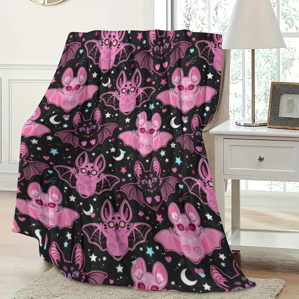Cute Pink Bat Blanket - Soft Cozy Throw with Stars and Hearts, Perfect for Gothic Home Decor, Unique Gift for Halloween Fans