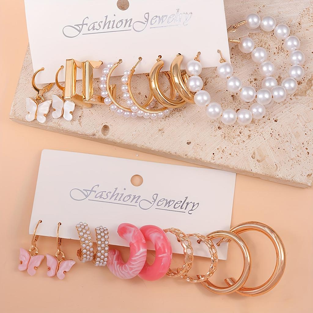 Fashion Imitation Zircon Bead C-shaped Earrings Bohemian Acrylic Pink Butterfly Pendant Hoop Earring Women's Summer Beach Zircon