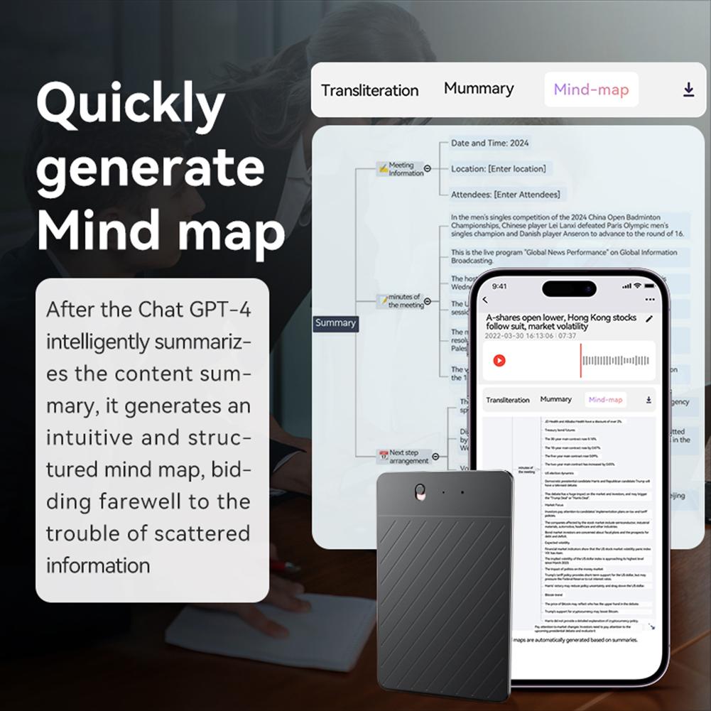 AI Voice Recorder Transcribe & Translation Real-Time Transcription Tool Rechargeable AI Notetaking Device for Office Use