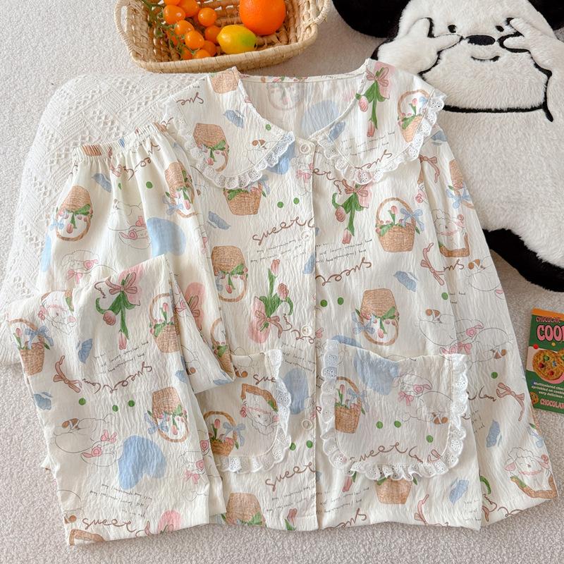 Idyllic Clouds Cotton Edge Princess Collar Pajamas Women'S Long Sleeves Trousers Homewear