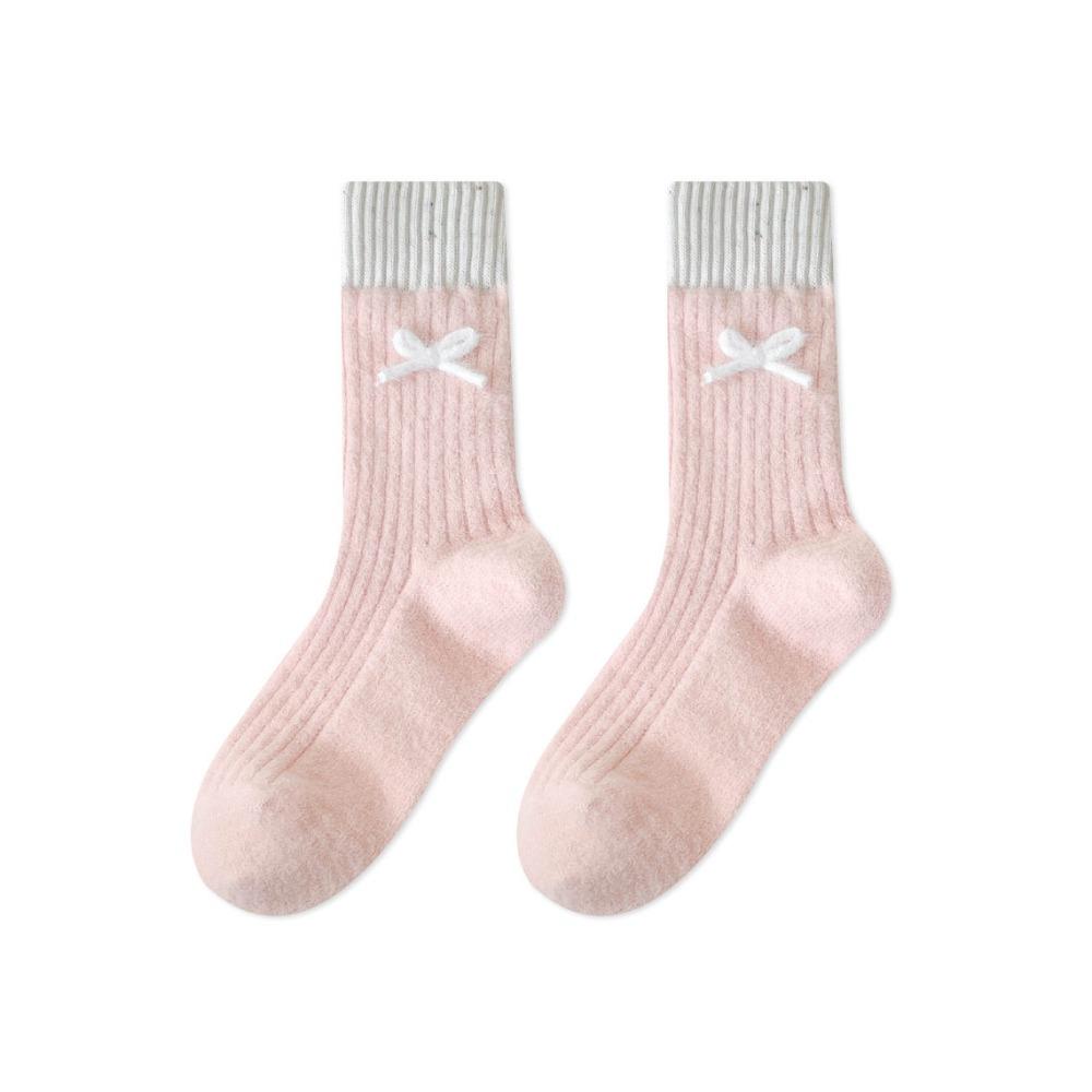Soft Plush Sleep Socks Bowknot Warm Home Socks Simple Middle Tube Socks  Indoor Use