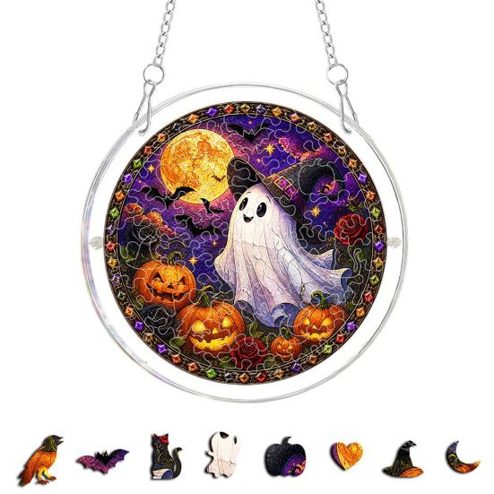 Acrylic Jigsaw Puzzle Suncatcher Stained Glass Style Halloween Skeleton Ghost Sun A