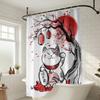 Japanische Glückskatze Maneki Neko Duschvorhang, Zen Tuschemalerei Kirschblüten & Rote Sonne Kunst, Orientalische Glücksbringer Badezimmerdekoration