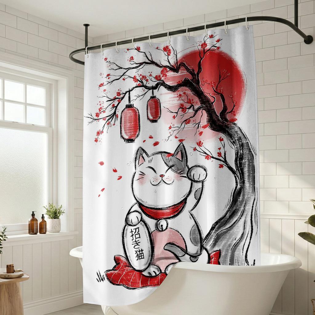Japanische Glückskatze Maneki Neko Duschvorhang, Zen Tuschemalerei Kirschblüten & Rote Sonne Kunst, Orientalische Glücksbringer Badezimmerdekoration