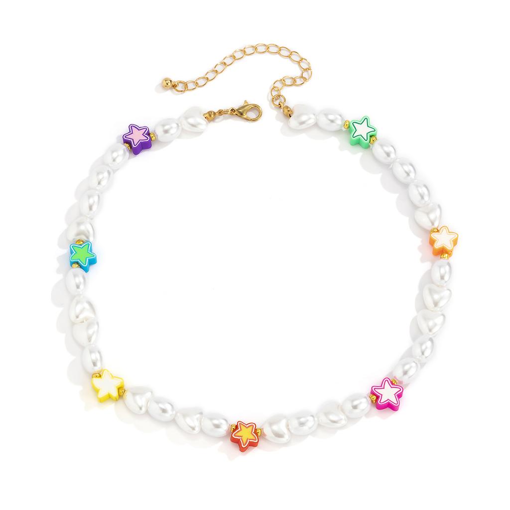 Simple Temperament Imitation Pearl Beaded Necklace Female, Colorful Small Flower Soft Pottery Smiley Face Collarbone Necklace