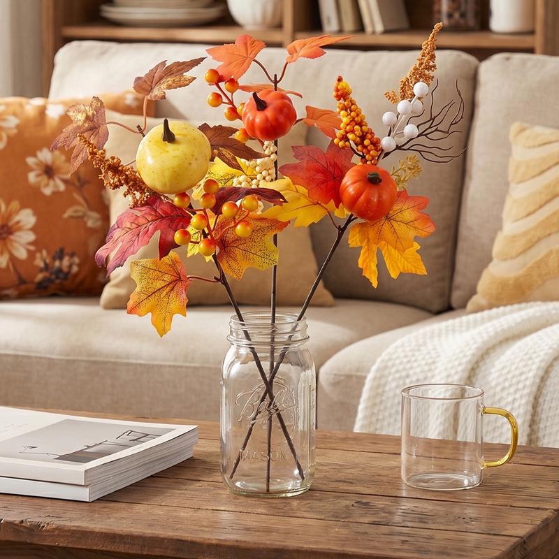 Autumn Harvest Pumpkin & Maple Leaf Vase Arrangement - Artificial Thanksgiving Decoration Art.
