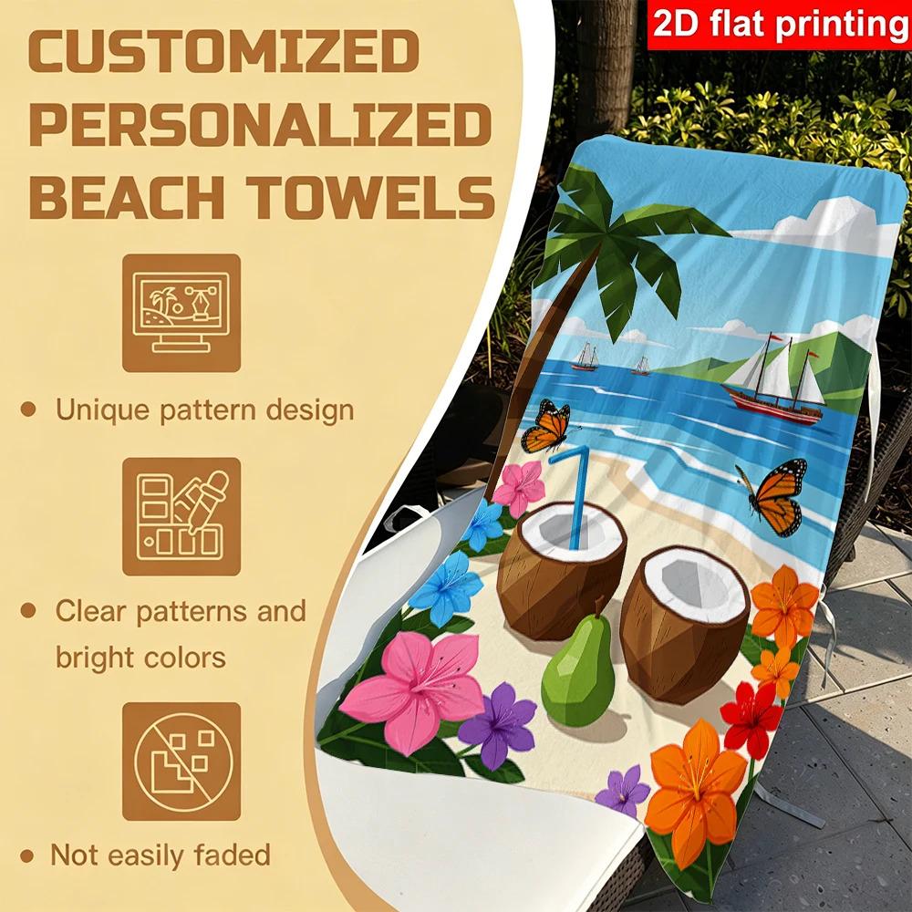 1Pc, Microfiber Beach Towel, Palm Tree Coconut Flower Butterfly Sailboat Suitable For Outdoor, Travel, Pool, Beach, Bath
