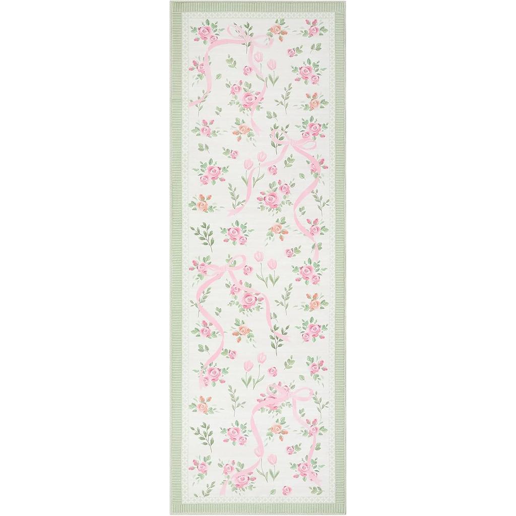 Corridor Carpet Runner Rug Machine Washable Non-slip Floor Mat Green Carpets Floral Ribbon Design Spring Home Decor Rugs