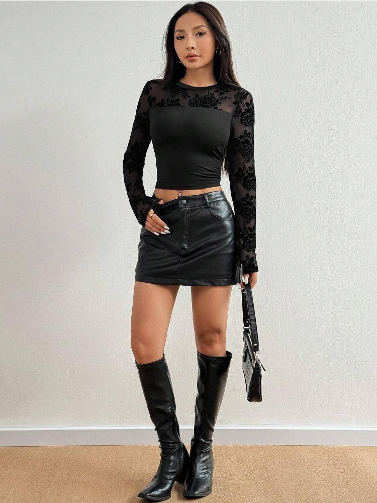 Camisetas de Manga Larga con Cuello Redondo y Encaje para Mujer, Color Sólido, Adelgazantes, Tops, Artículos de Moda Versátiles Esenciales para el Armario, Camisa