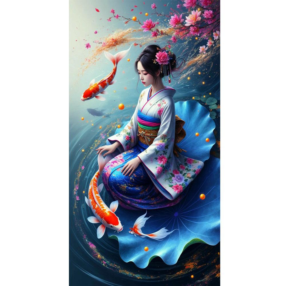 Large Size Mosaic DIY Full Diamond Painting Kits Art Beautiful Japanese Geisha and Koi Fish Embroidery Cross Stitch Rhinestones