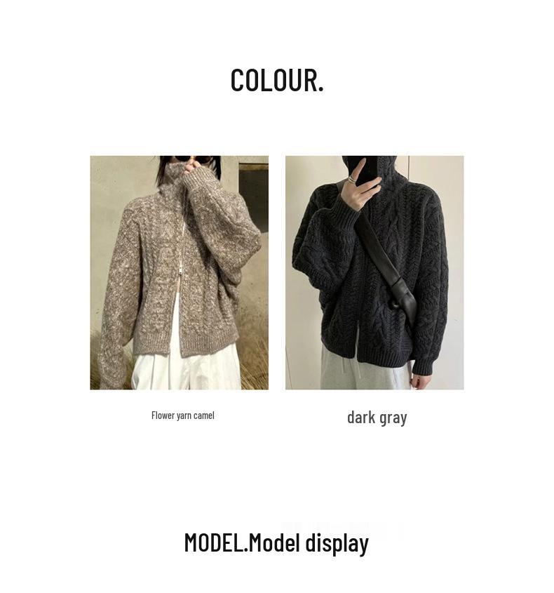 Retro Cashmere Cable Knit Batwing Sleeve Cardigan with Double Zipper, Perfect for Autumn/Winter.