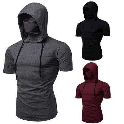 Mens Short Sleeve Hooded Face Cover T Shirt Summer Casual Hoodie Gym Sport Top Blouse
